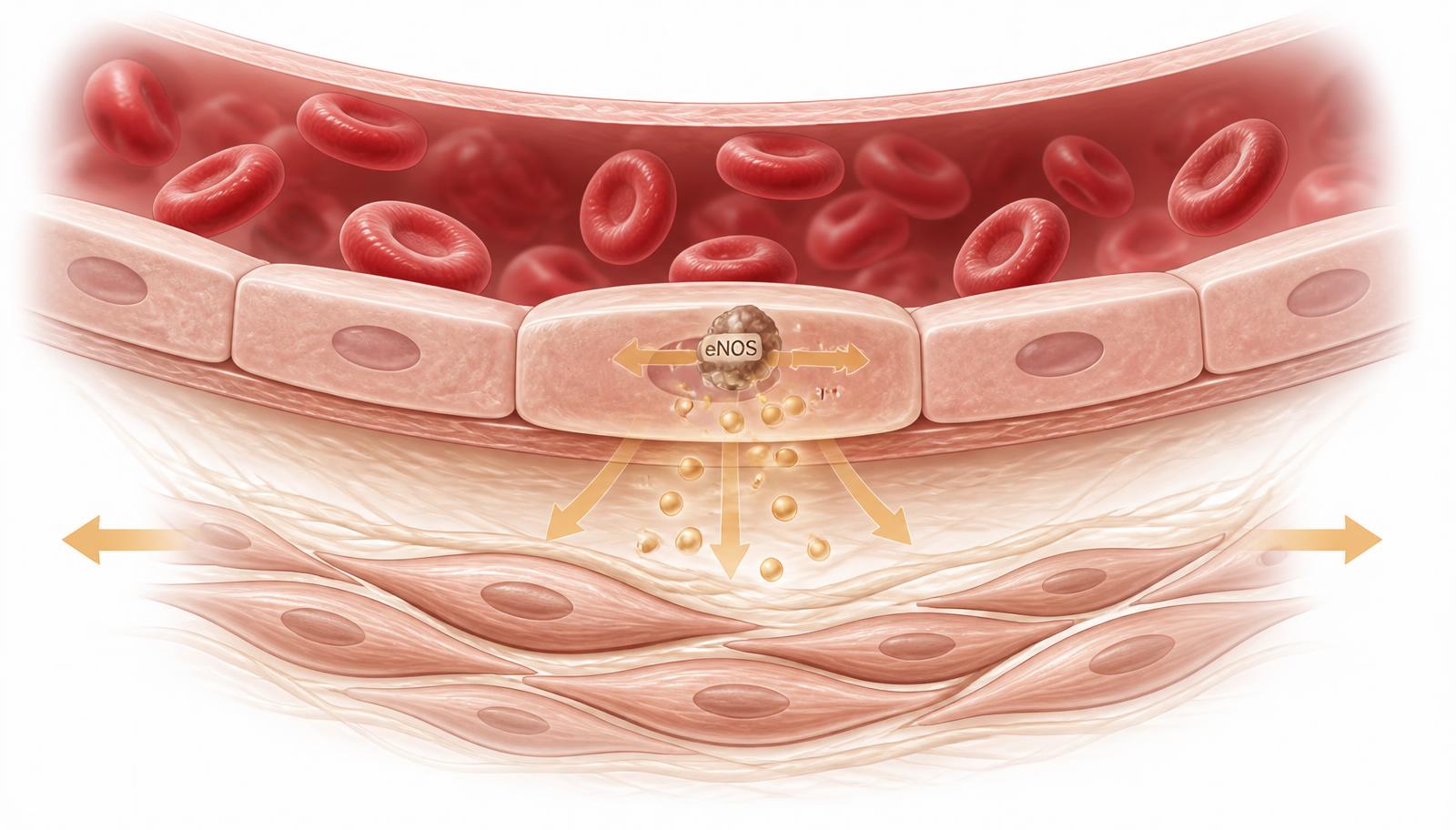 Illustration of nitric oxide produced by eNOS in an endothelial cell crossing into smooth muscle, activating sGC and cGMP and widening the vessel