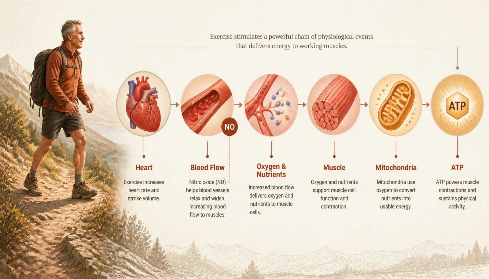 An active adult walking uphill beside a sequence showing heart, blood flow, oxygen and nutrients, muscle, mitochondria and ATP, with nitric oxide marked at the blood-vessel stage