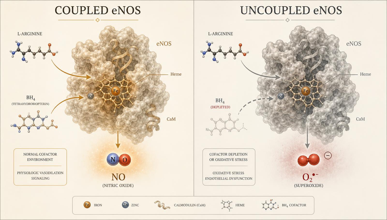 Split illustration comparing coupled eNOS producing nitric oxide with uncoupled eNOS producing superoxide