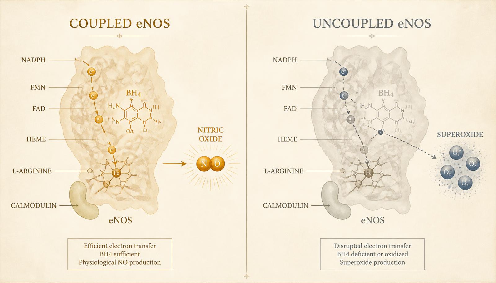 Split diagram comparing coupled eNOS producing nitric oxide with uncoupled eNOS producing superoxide