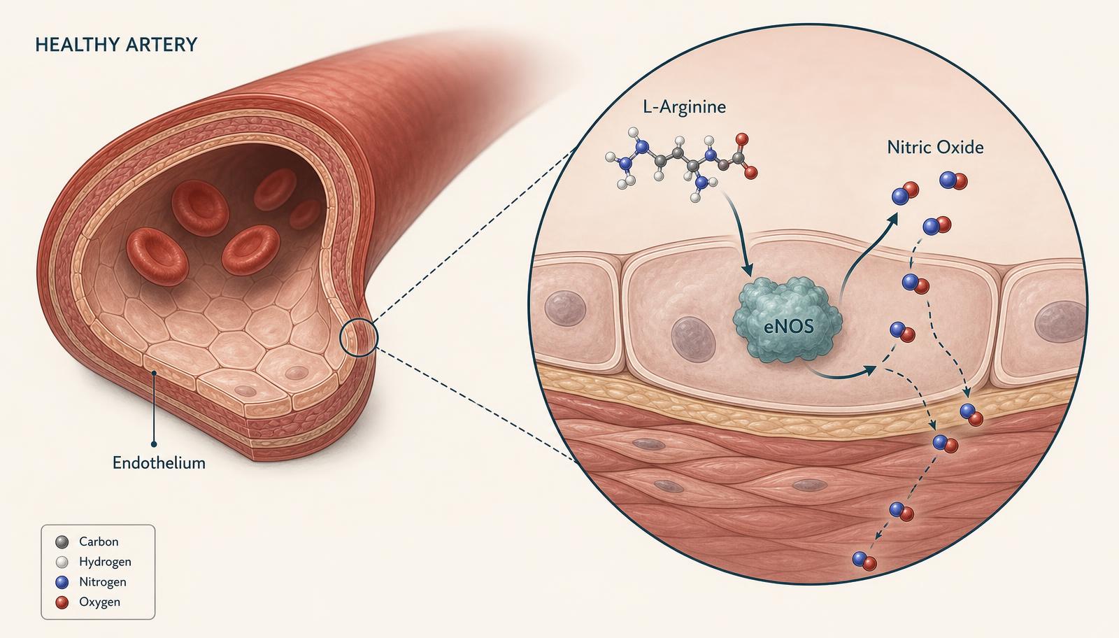 Cutaway of a healthy artery with a magnified view of an endothelial cell containing eNOS converting L-arginine into nitric oxide