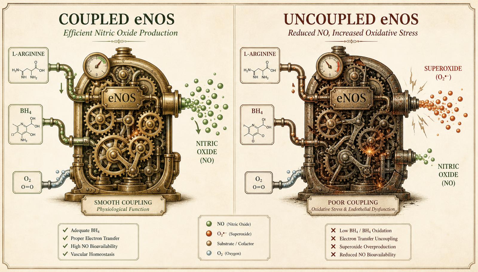 Two-state diagram of the eNOS enzyme: coupled with arginine and BH4 producing nitric oxide, uncoupled producing superoxide