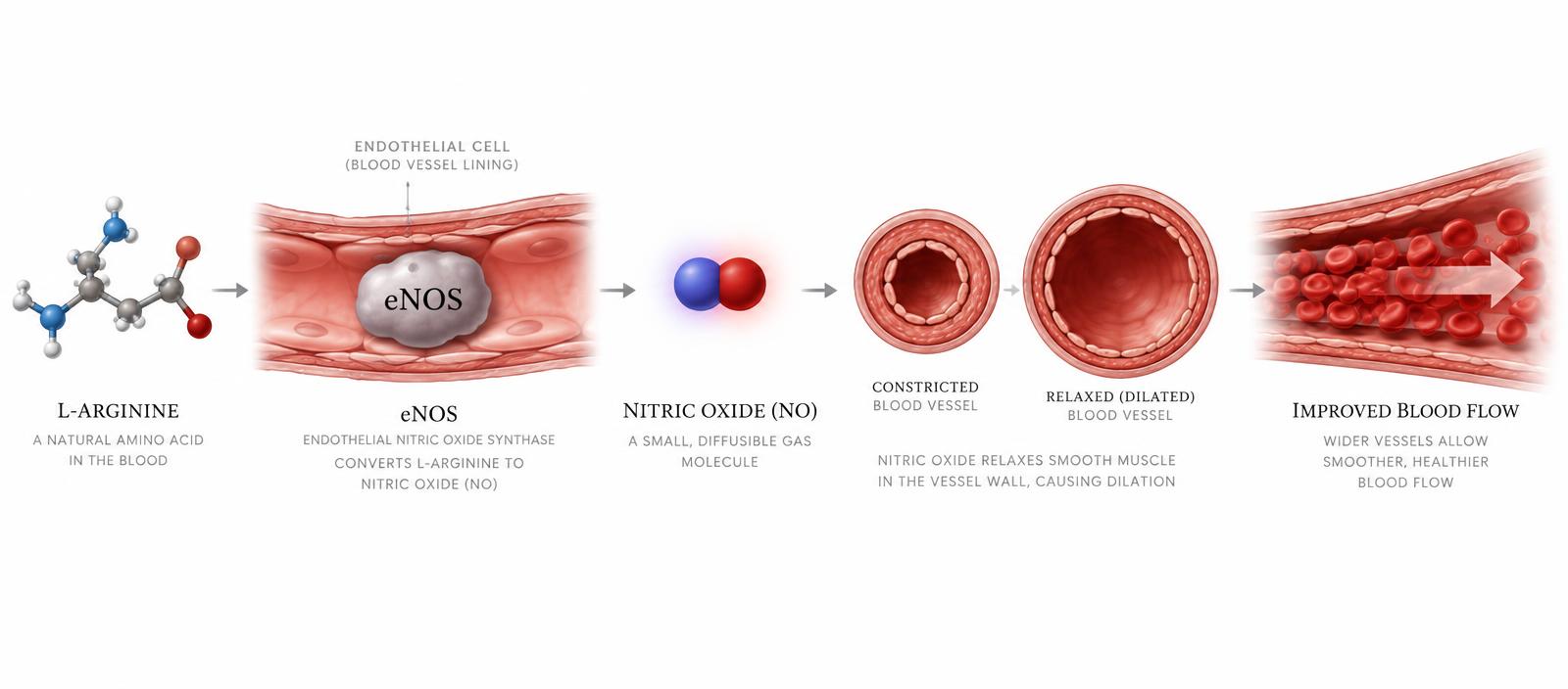 Diagram showing L-arginine converted by the eNOS enzyme into nitric oxide, relaxing the blood vessel and improving blood flow