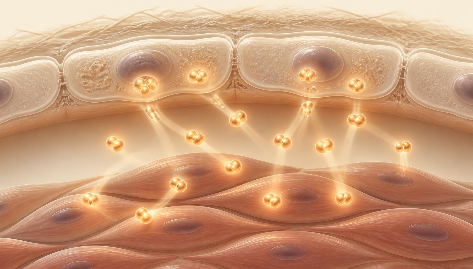 Molecular diagram of endothelial cells producing nitric oxide that diffuses into the smooth muscle layer