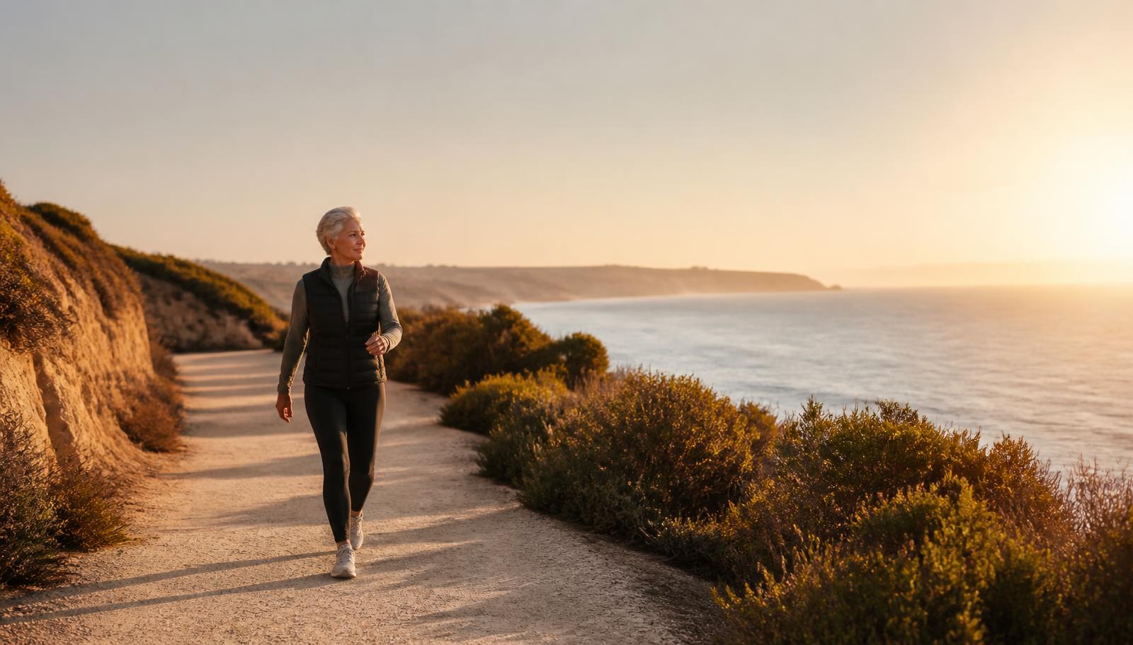 Healthy older adults exercising outdoors, with an inset showing increased blood flow creating shear stress along the endothelial lining