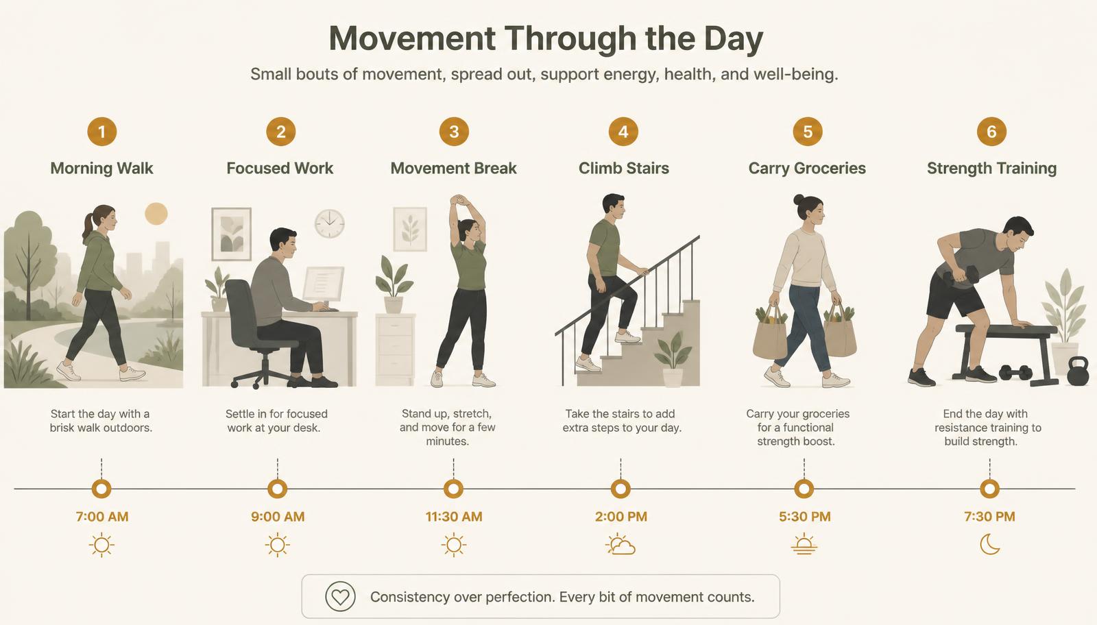 Timeline of one day showing a morning walk, desk work, a movement break, stairs, carrying groceries and evening resistance exercise