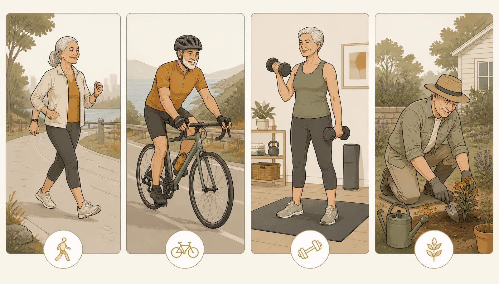 Four adults aged around 50 to 70 brisk walking, cycling, doing light resistance training and gardening