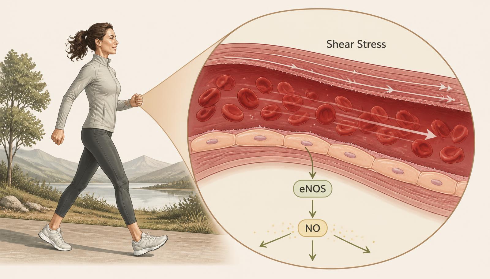 Adult walking briskly beside a magnified artery showing blood flow, shear-stress arrows along endothelial cells and downstream eNOS and NO labels