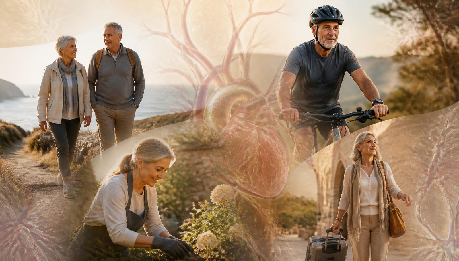 Adults in their fifties, sixties and seventies walking, cycling, gardening and travelling, with a subtle cardiovascular network overlay