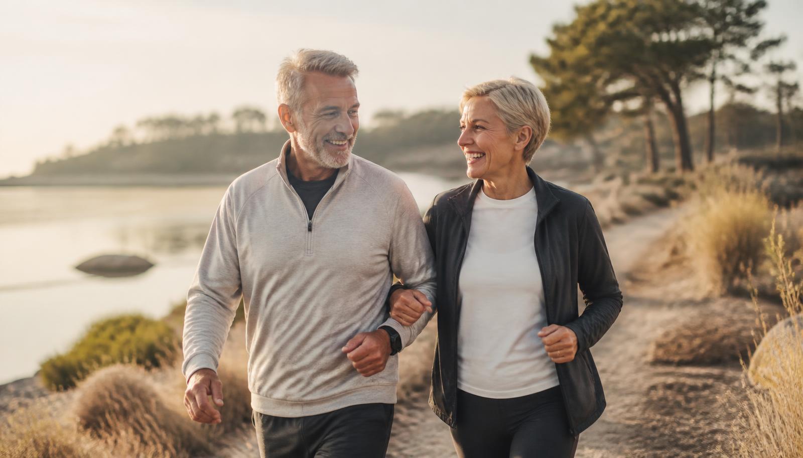 Active couple around age sixty walking together on a scenic waterside trail
