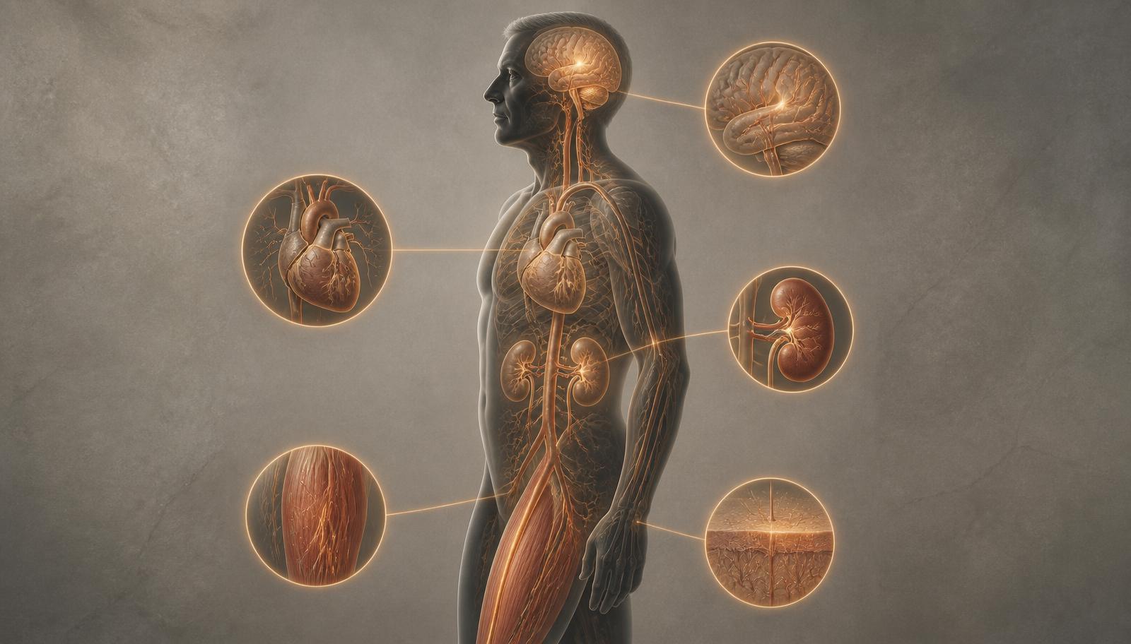 Illustration of an adult with highlighted circulation toward the brain, heart, muscles, kidneys and skin