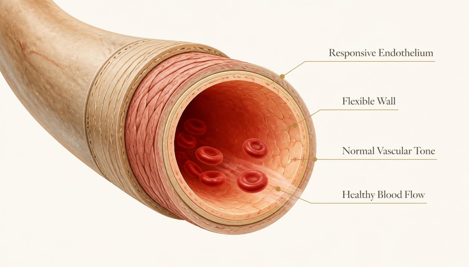 Cutaway illustration of a healthy artery labelled with responsive endothelium, flexible wall, normal vascular tone and healthy blood flow
