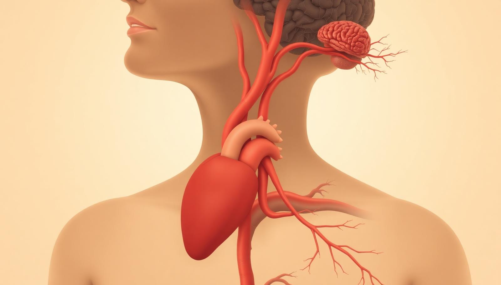 Anatomical illustration showing the heart, carotid arteries and brain as one continuous circulation