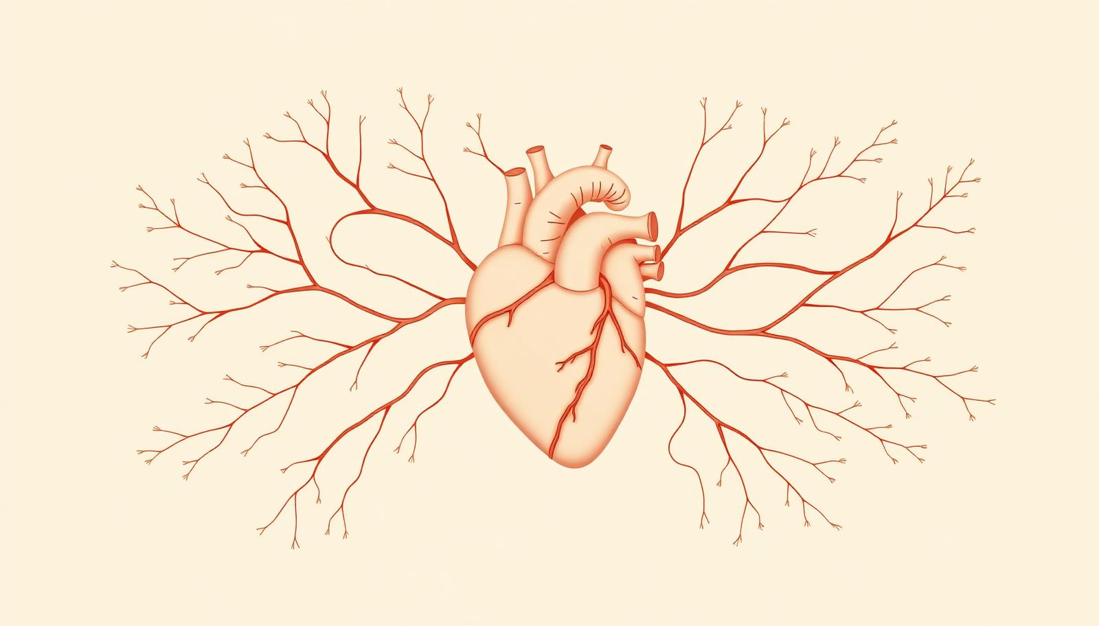 Illustration of the heart connected to major arteries and a branching network of smaller blood vessels throughout the body