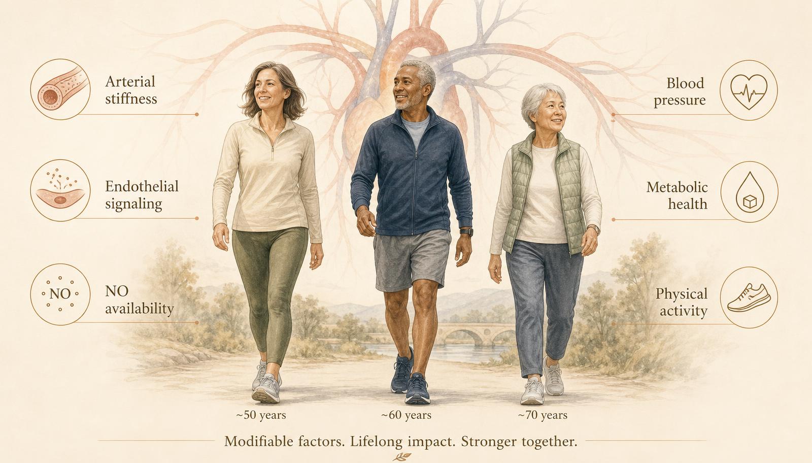 Healthy active adults around ages fifty, sixty and seventy with a subtle cardiovascular graphic and labels for arterial stiffness, endothelial signaling, NO availability, blood pressure, metabolic health and physical activity