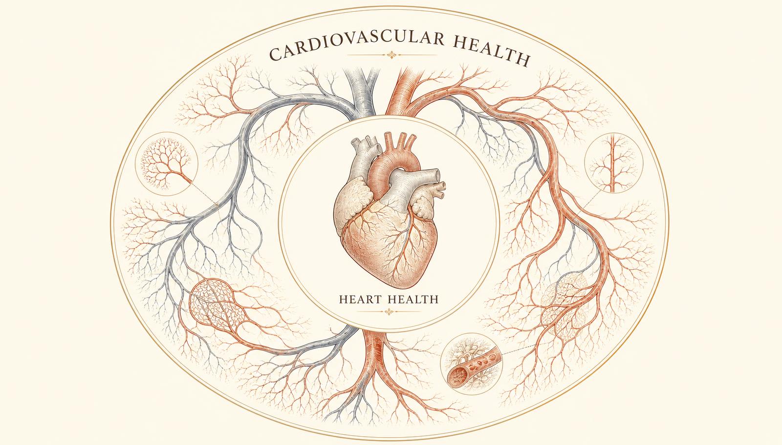 Two nested circles: an inner circle containing a heart labeled heart health, surrounded by a larger circle containing the heart plus arteries, veins and microcirculation labeled cardiovascular health