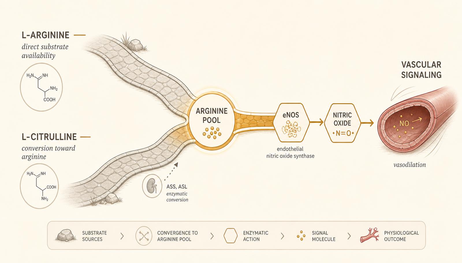 Two roads merging: L-arginine as direct substrate and L-citrulline as conversion toward arginine, merging at an arginine pool then continuing to eNOS, nitric oxide and vascular signaling