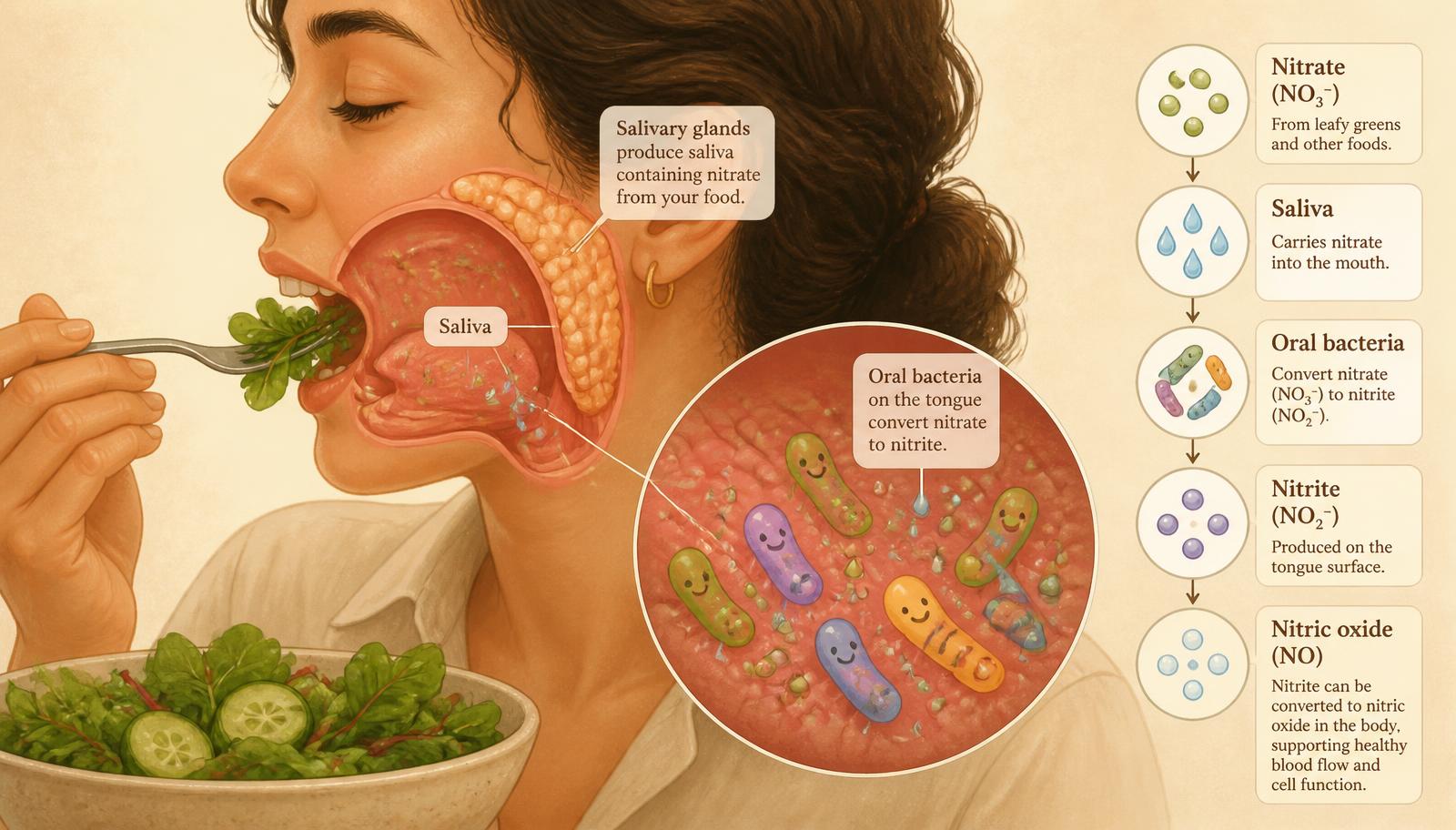 Person eating leafy greens with a cutaway showing salivary recycling of nitrate and oral bacteria converting nitrate to nitrite