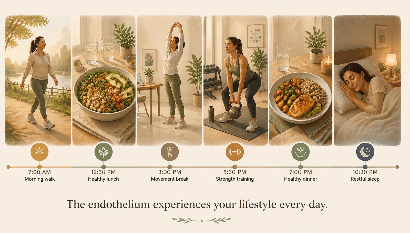 Timeline of a single day showing a morning walk, healthy lunch, movement break, strength training, healthy dinner and restful sleep