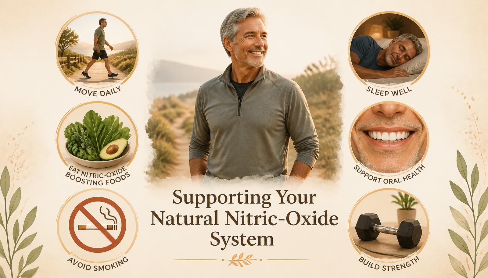 Active adult surrounded by six lifestyle elements: walking, leafy vegetables, sleep, oral health, no smoking and strength training