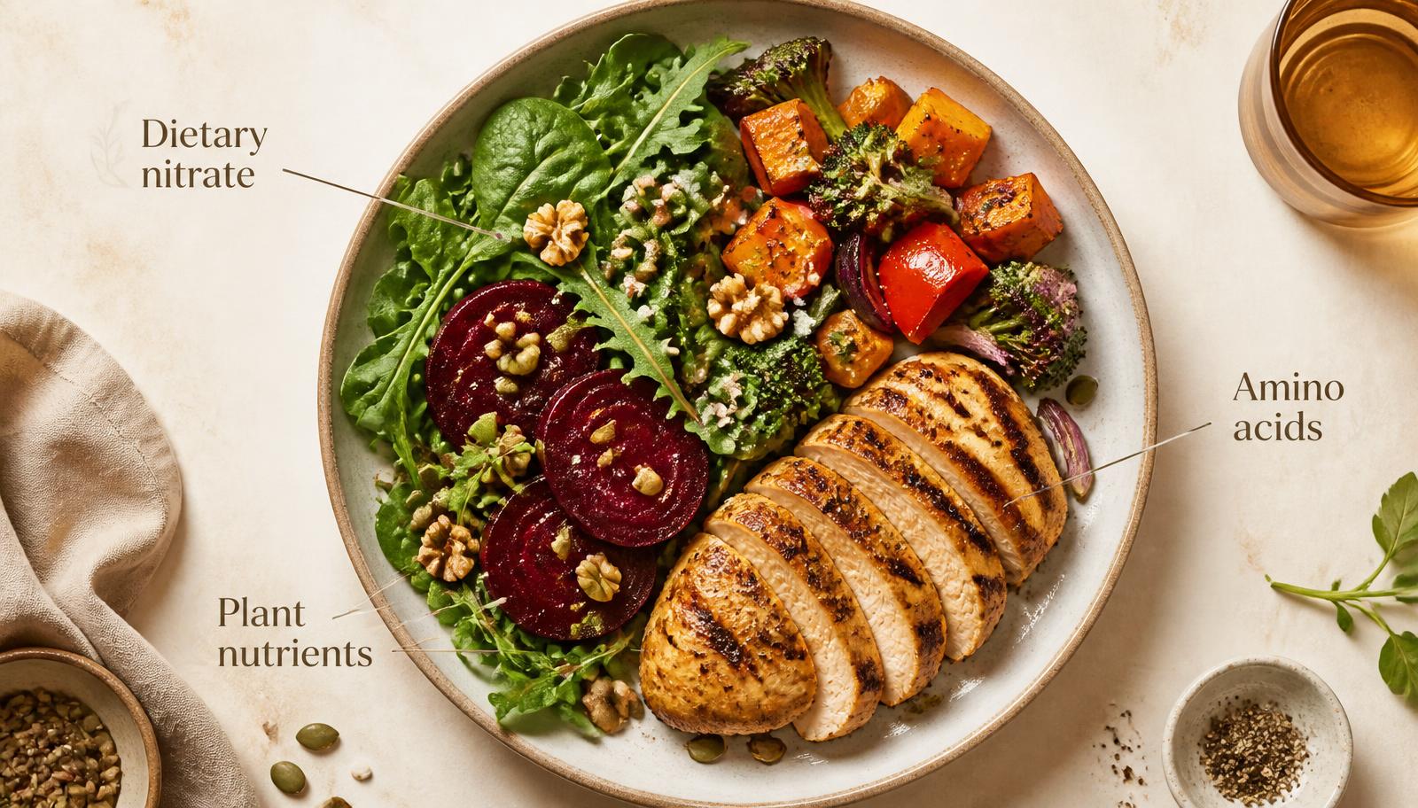 Everyday plate with leafy salad, beetroot, nuts, seeds, protein and colorful vegetables labeled dietary nitrate, amino acids and plant nutrients