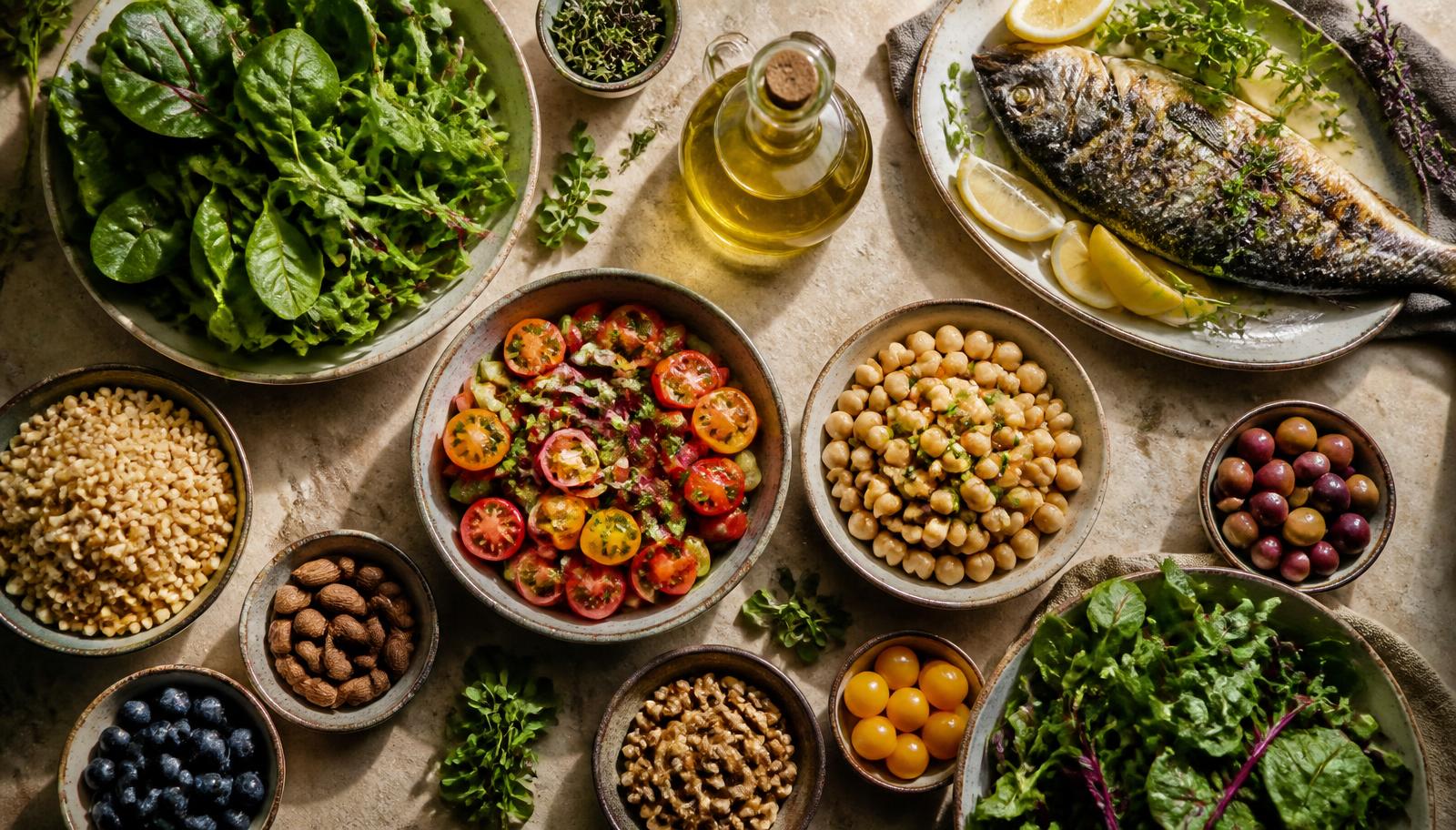 Overhead Mediterranean-style table with leafy greens, tomatoes, legumes, nuts, berries, whole grains, olive oil and fish