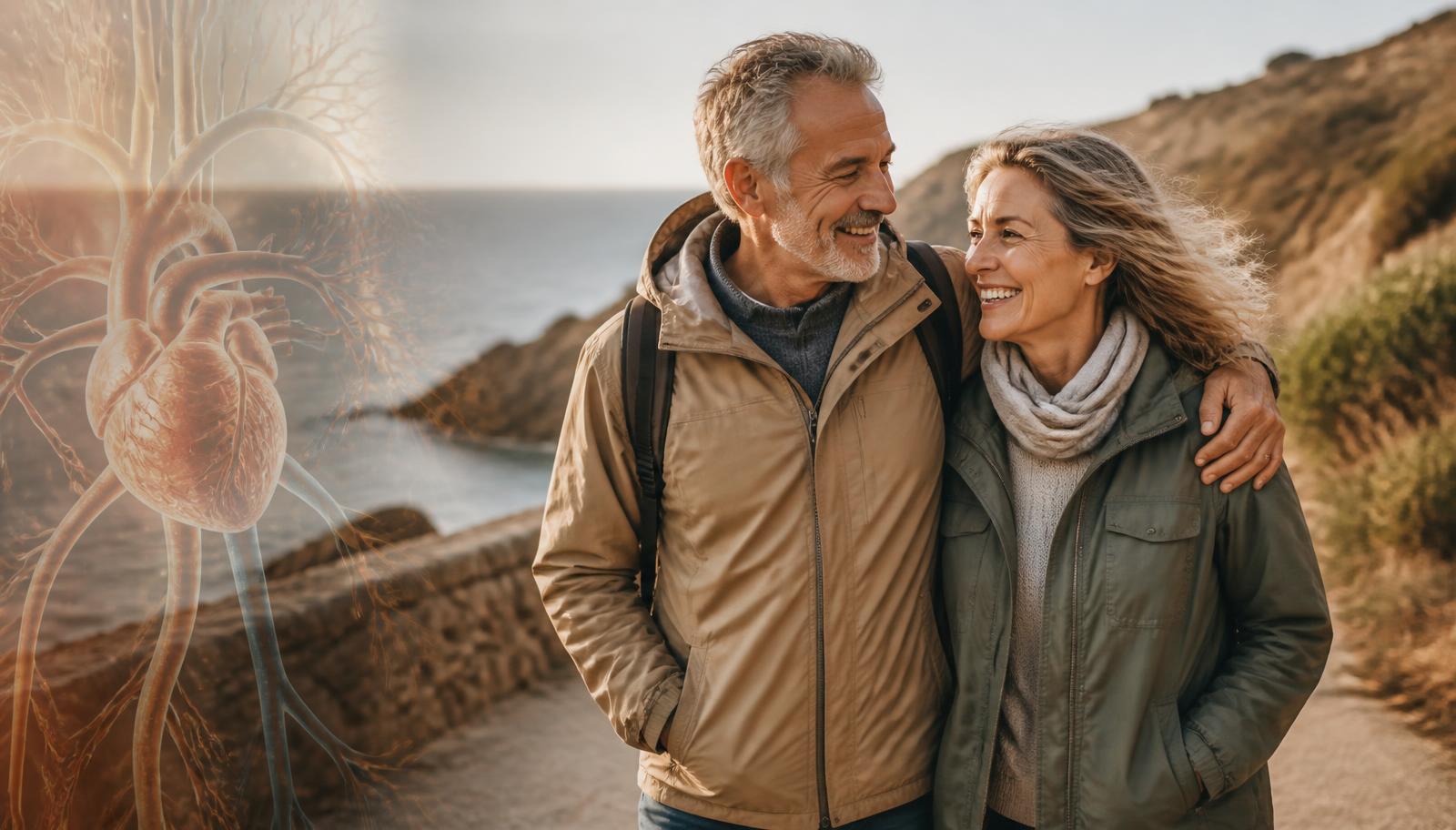 A healthy couple in their sixties walking together outdoors, with a subtle translucent cardiovascular graphic overlay