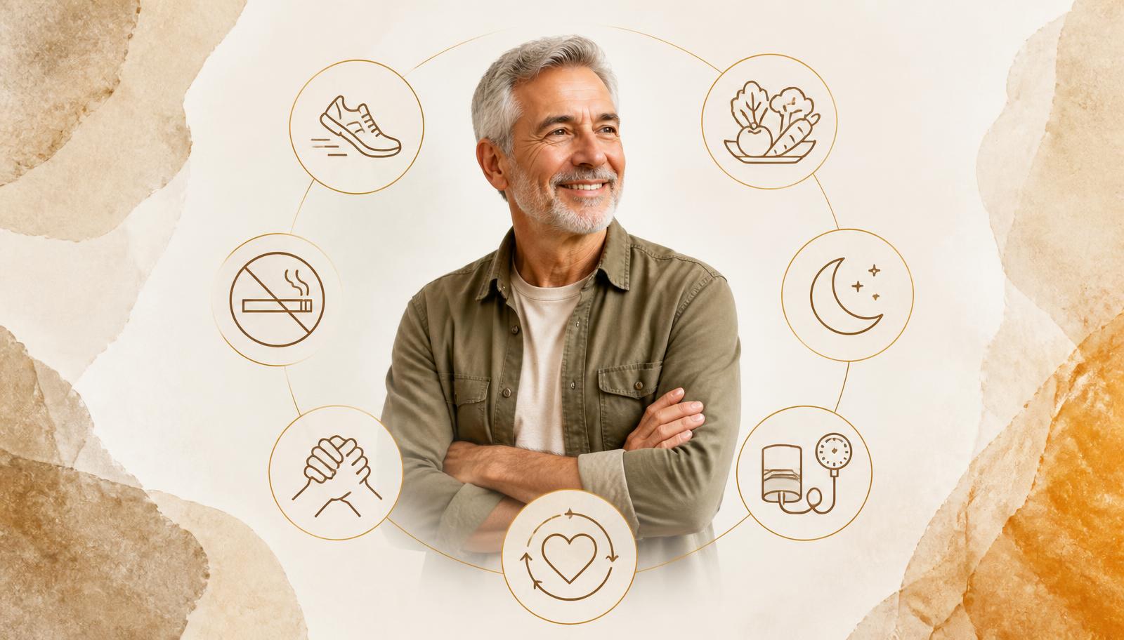 A healthy man in his sixties surrounded by icons for exercise, healthy food, sleep, blood-pressure checks, a smoke-free lifestyle, relationships and circulation