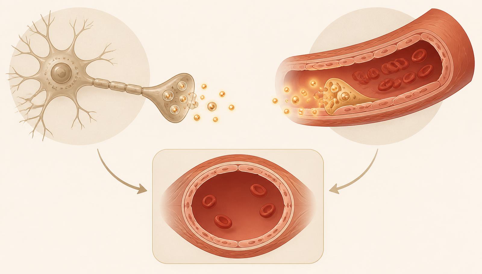 Two-part diagram showing neuronal nitric oxide release on one side and endothelial nitric oxide release on the other, both converging on a relaxed, widened blood vessel