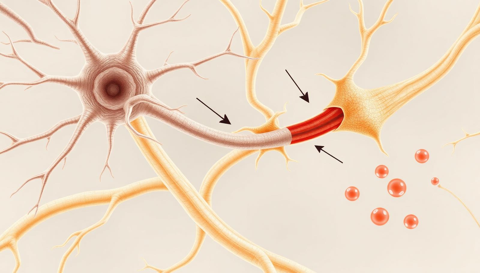 Close-up illustration of neurons, astrocytes and a small cerebral blood vessel communicating