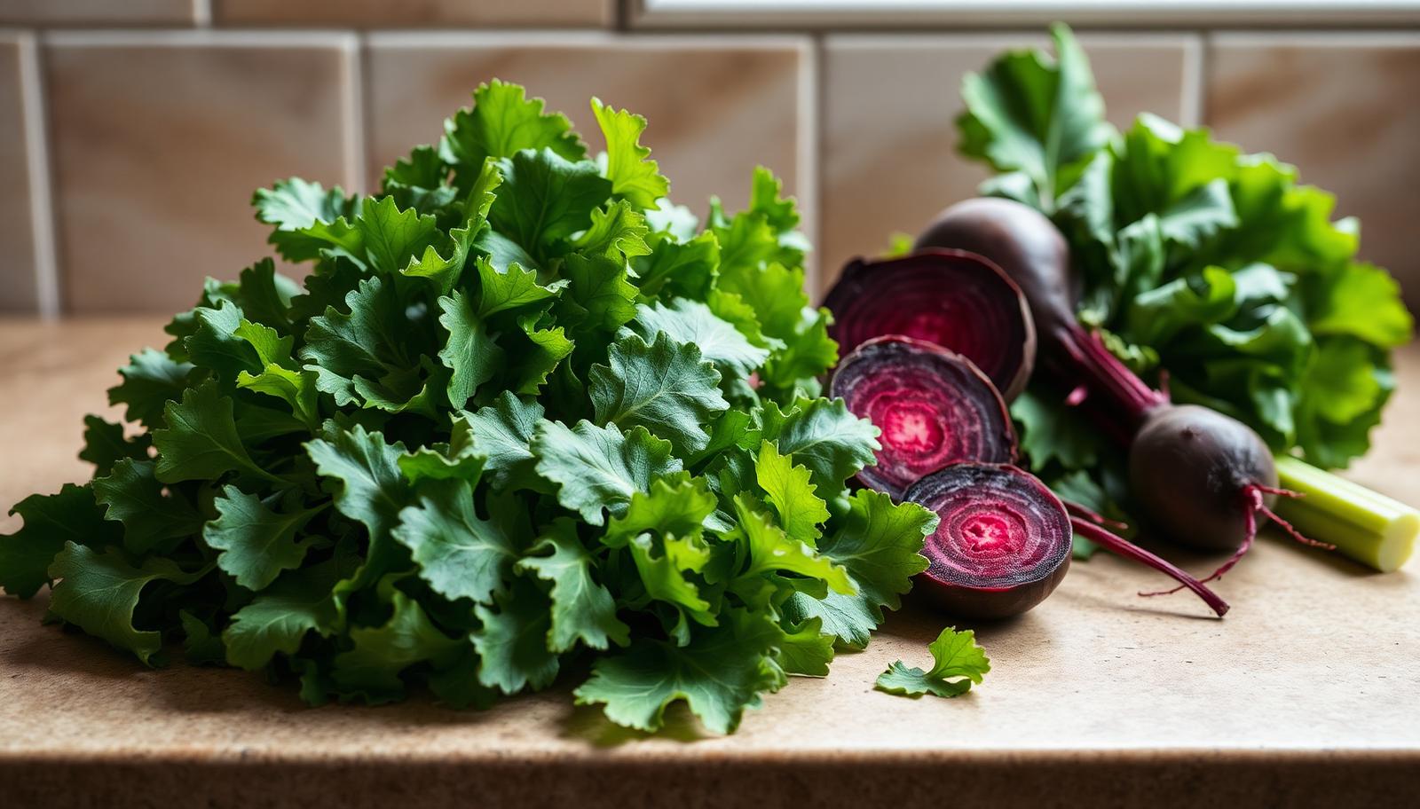 Arugula, spinach, lettuce, beetroot and celery arranged on a kitchen surface