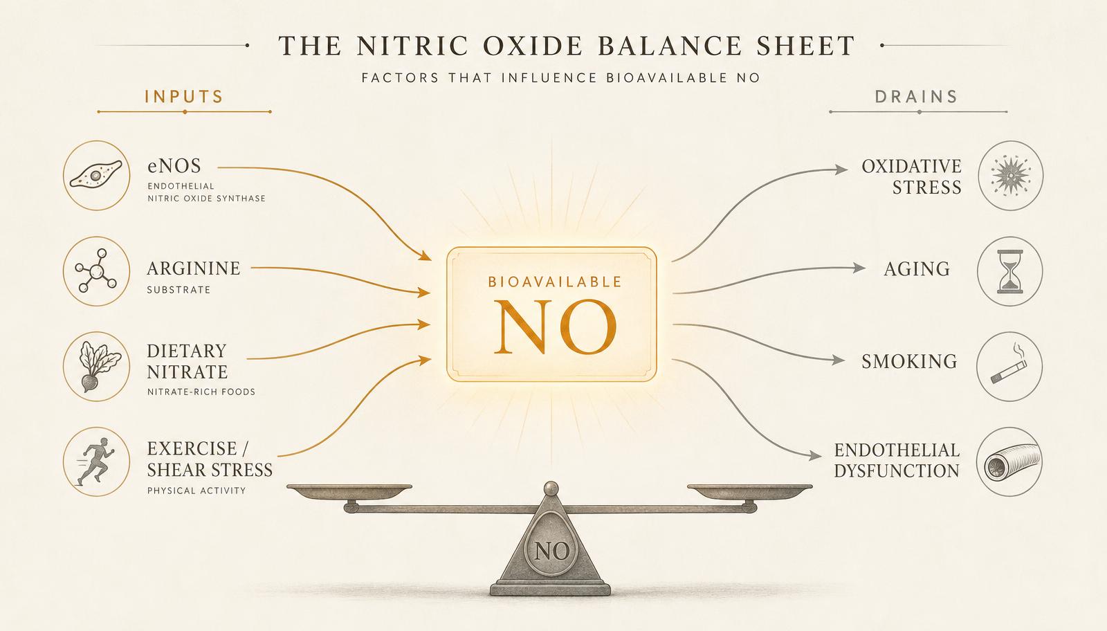 Diagram contrasting nitric oxide produced by the eNOS and nitrate pathways with nitric oxide lost to oxidative interactions