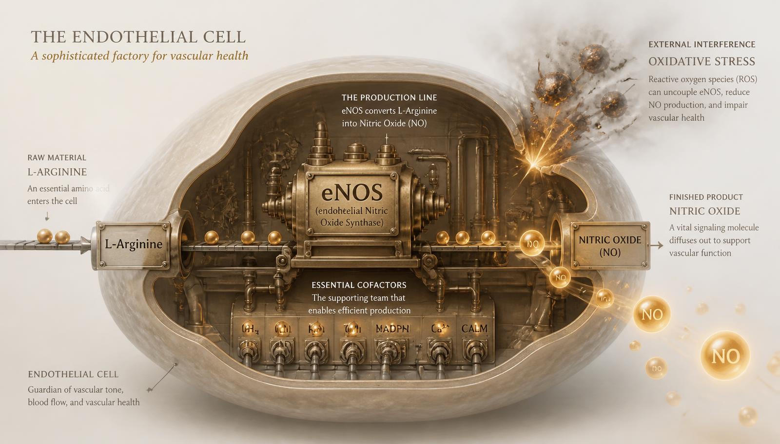 Conceptual illustration of an endothelial cell as a factory, with L-arginine entering as raw material, eNOS as machinery, cofactors assisting, nitric oxide leaving as product and oxidative stress interfering