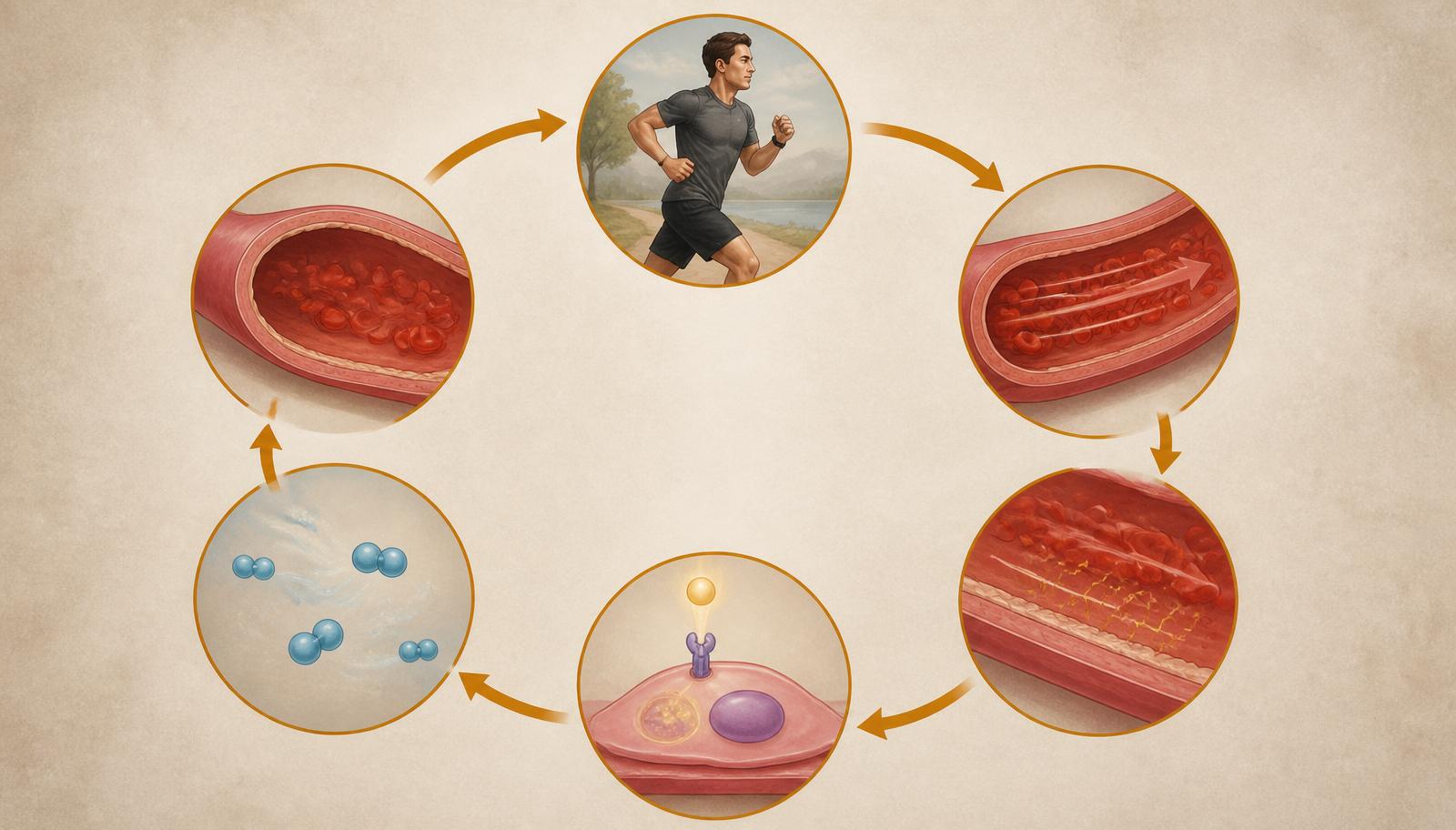 Circular diagram showing activity increasing blood flow and shear stress, activating eNOS, producing nitric oxide and relaxing the vessel