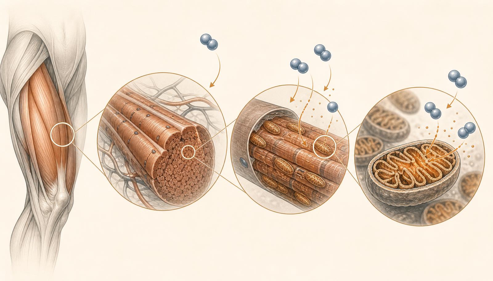 Zoom from a working muscle into muscle fibers and mitochondria with nitric oxide shown as a local signaling molecule