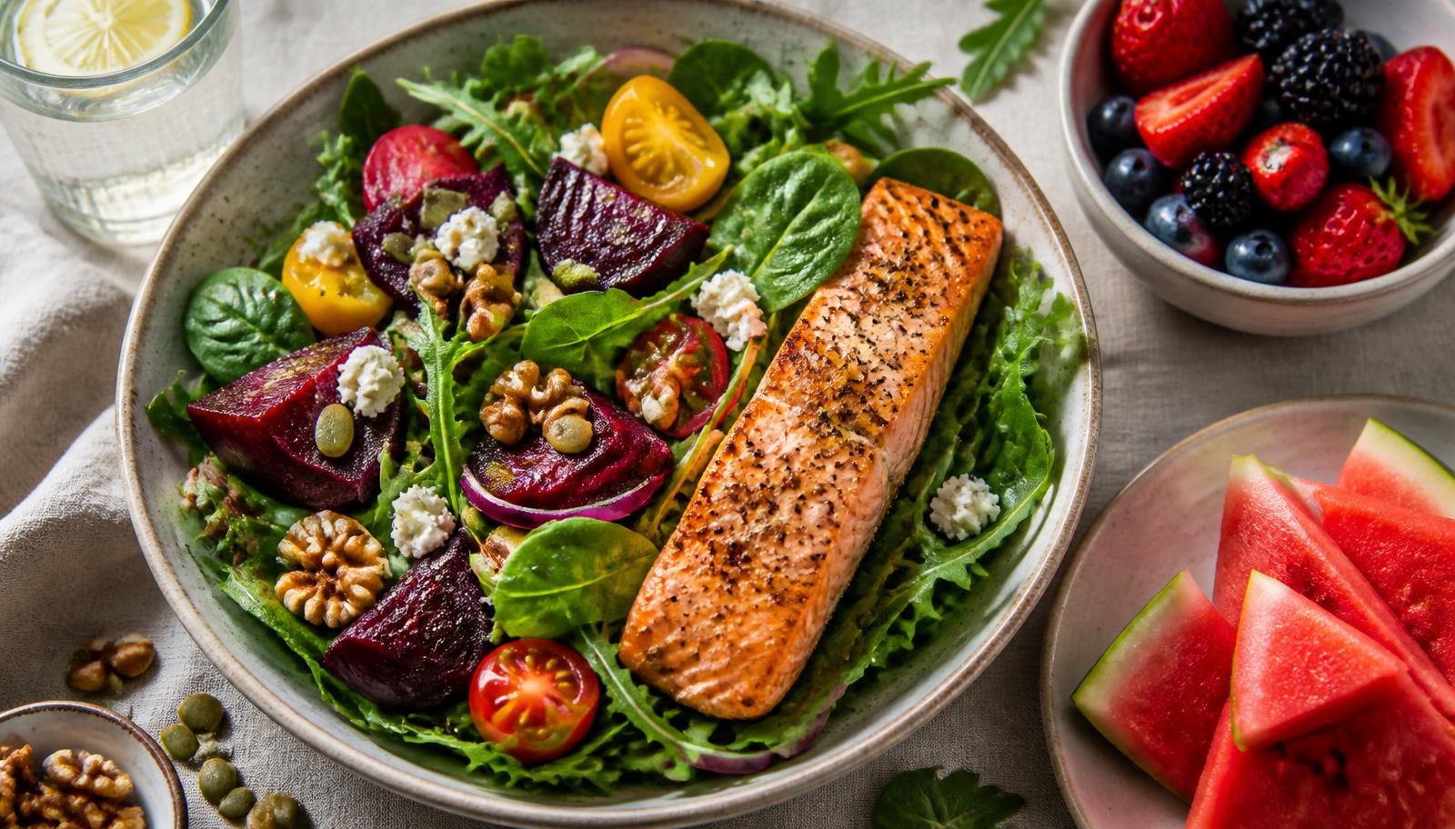 Overhead photograph of a large salad with arugula, spinach, beetroot, walnuts, seeds and salmon, with watermelon and berries alongside