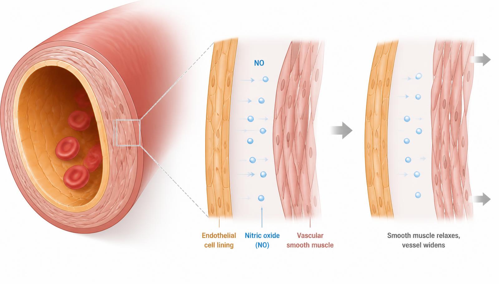 Cross-section of a healthy artery showing nitric oxide released from the endothelium into vascular smooth muscle, which relaxes and allows the vessel to widen