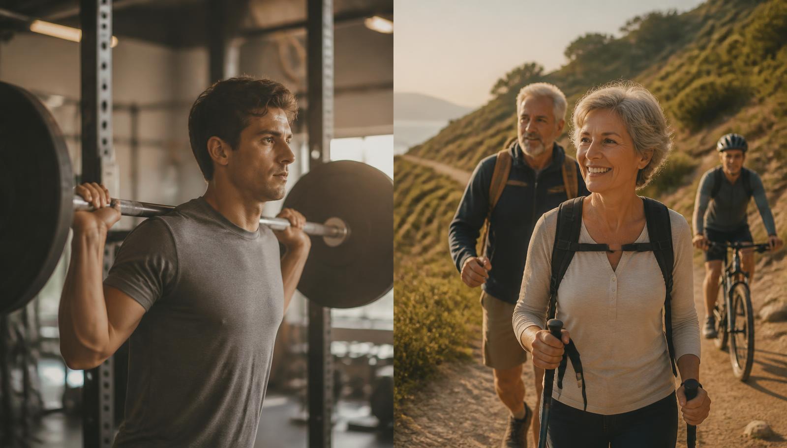 Split image contrasting a young athlete training in a gym with active adults in their fifties and sixties hiking and cycling outdoors