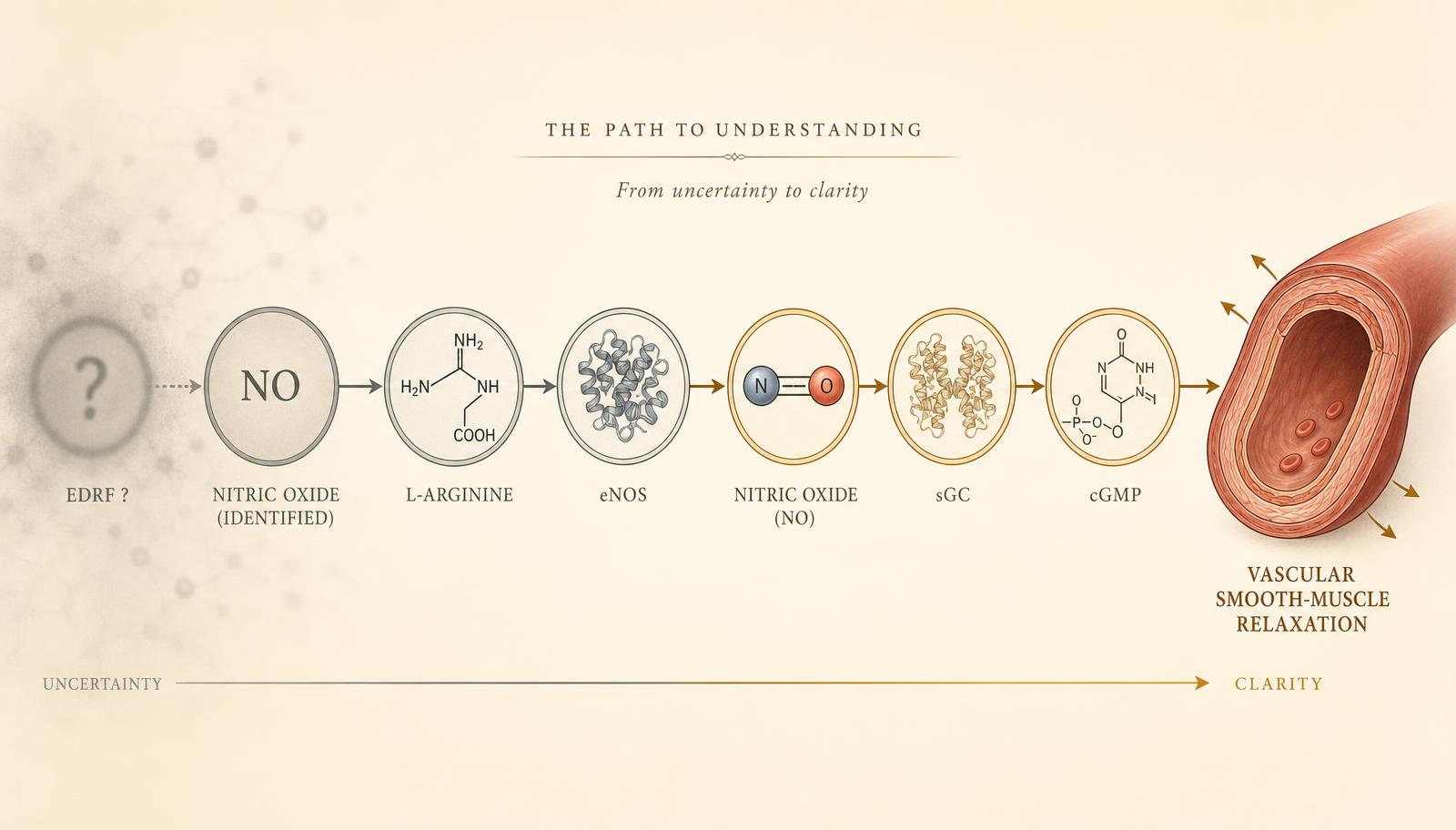 Illustration showing a blurred EDRF question mark sharpening into nitric oxide, followed by the L-arginine, eNOS, NO, sGC, cGMP pathway ending in vascular relaxation