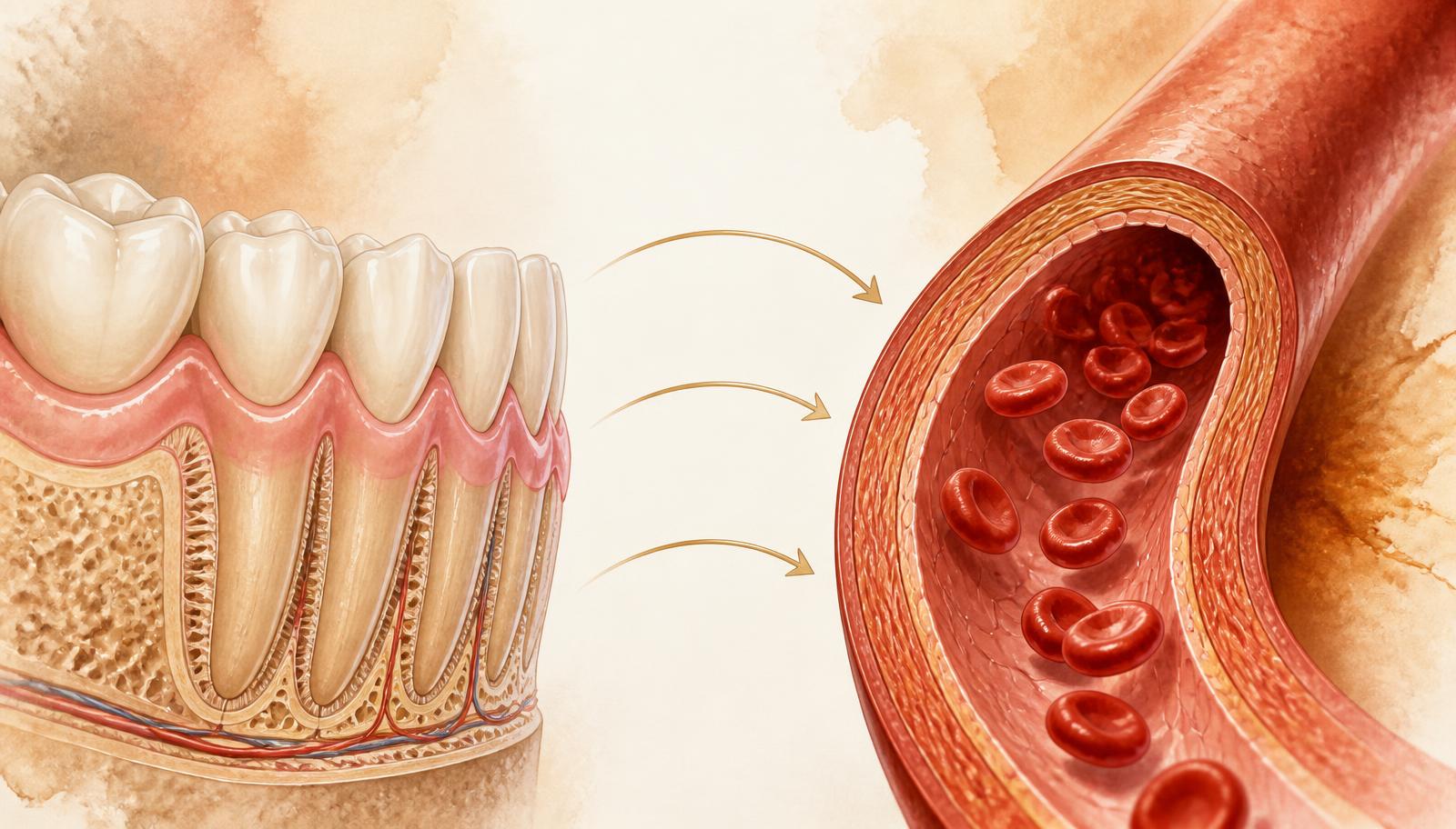 Split illustration showing healthy gums and teeth on one side and a healthy endothelium-lined artery on the other, connected by arrows