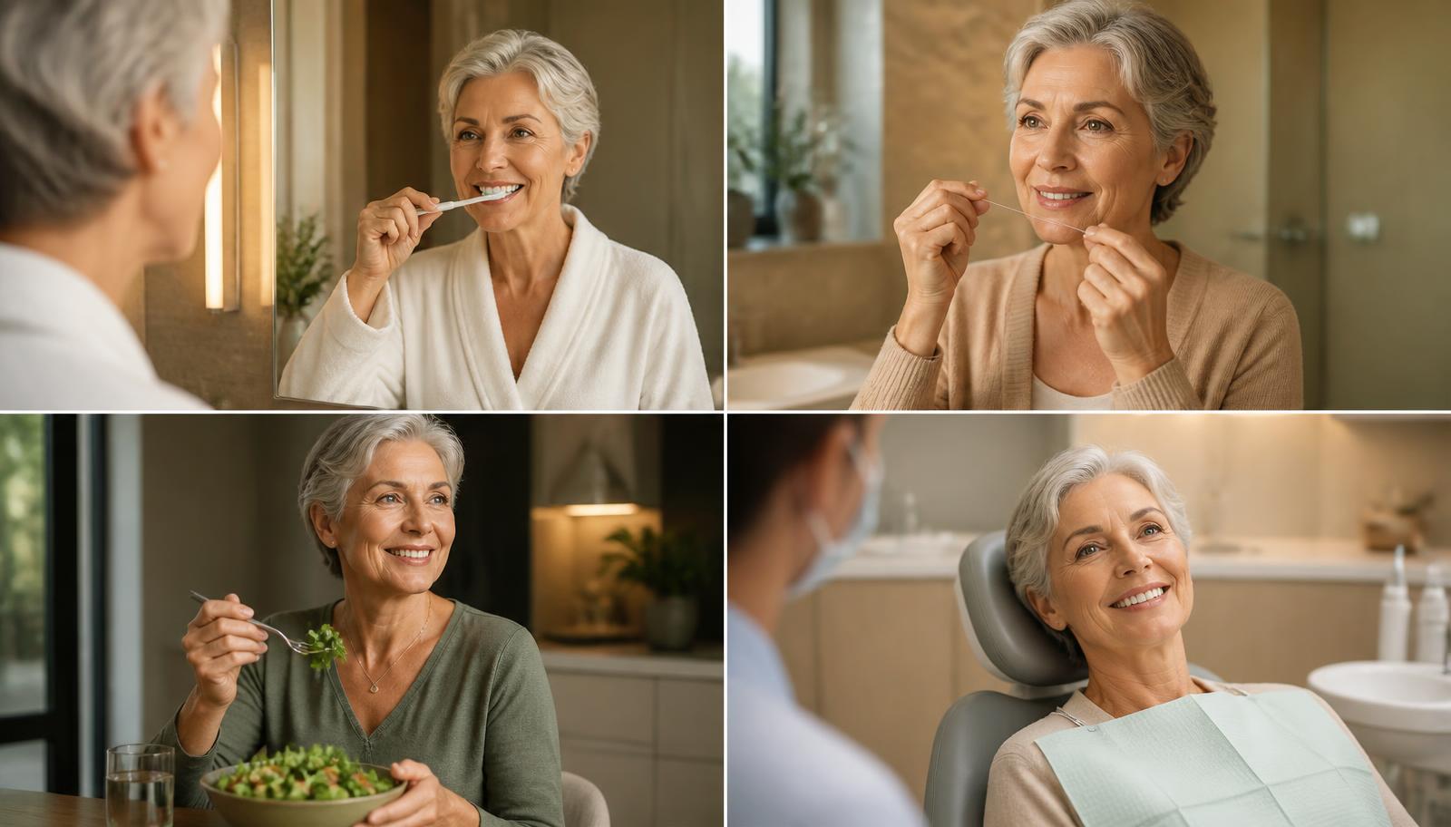 Four everyday scenes: an adult brushing teeth, flossing, eating a leafy green salad with water, and attending a dental checkup