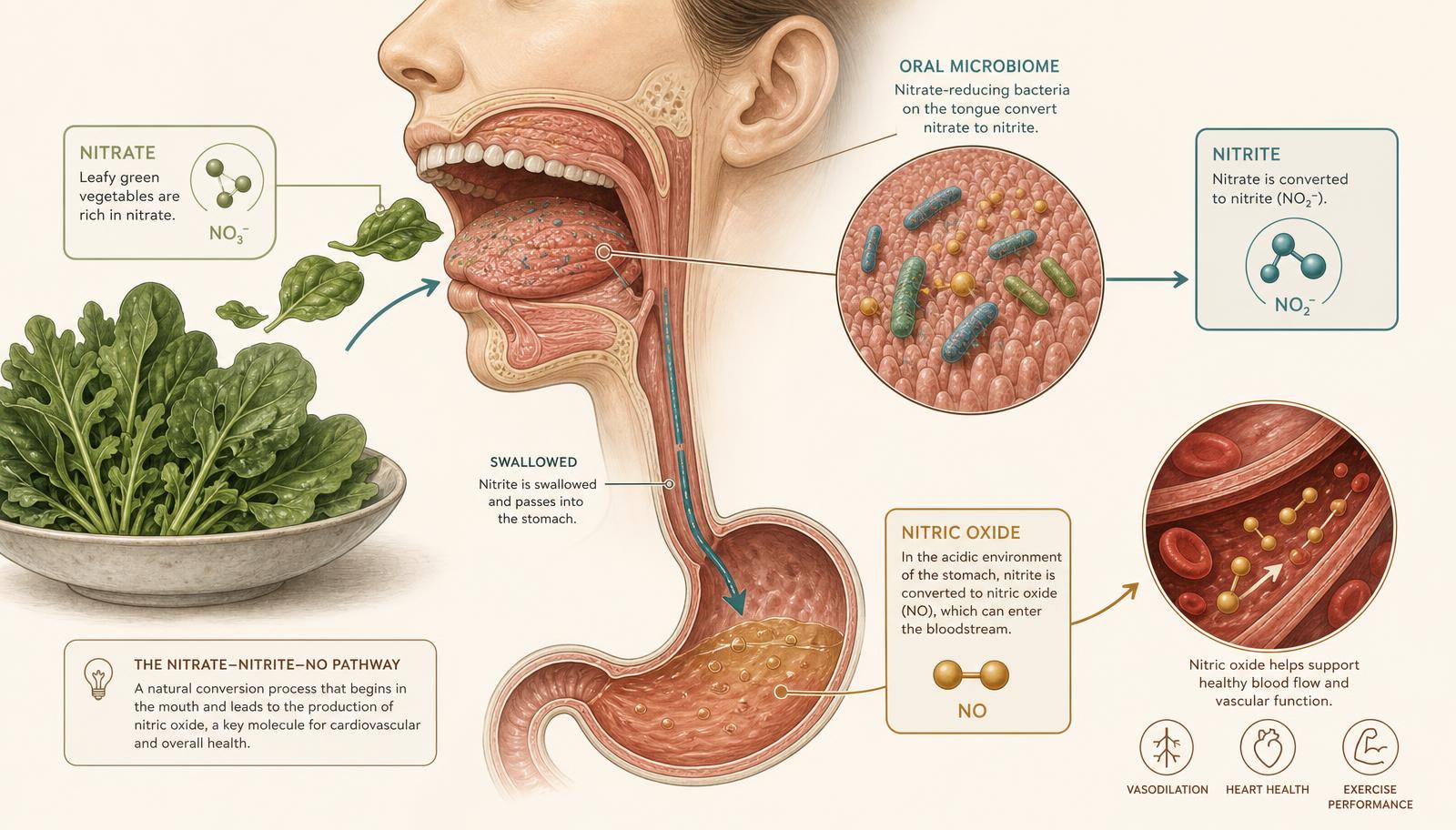 Illustration of leafy vegetables entering the mouth, nitrate-reducing bacteria on the tongue converting nitrate to nitrite, and nitrite being swallowed and converted toward nitric oxide
