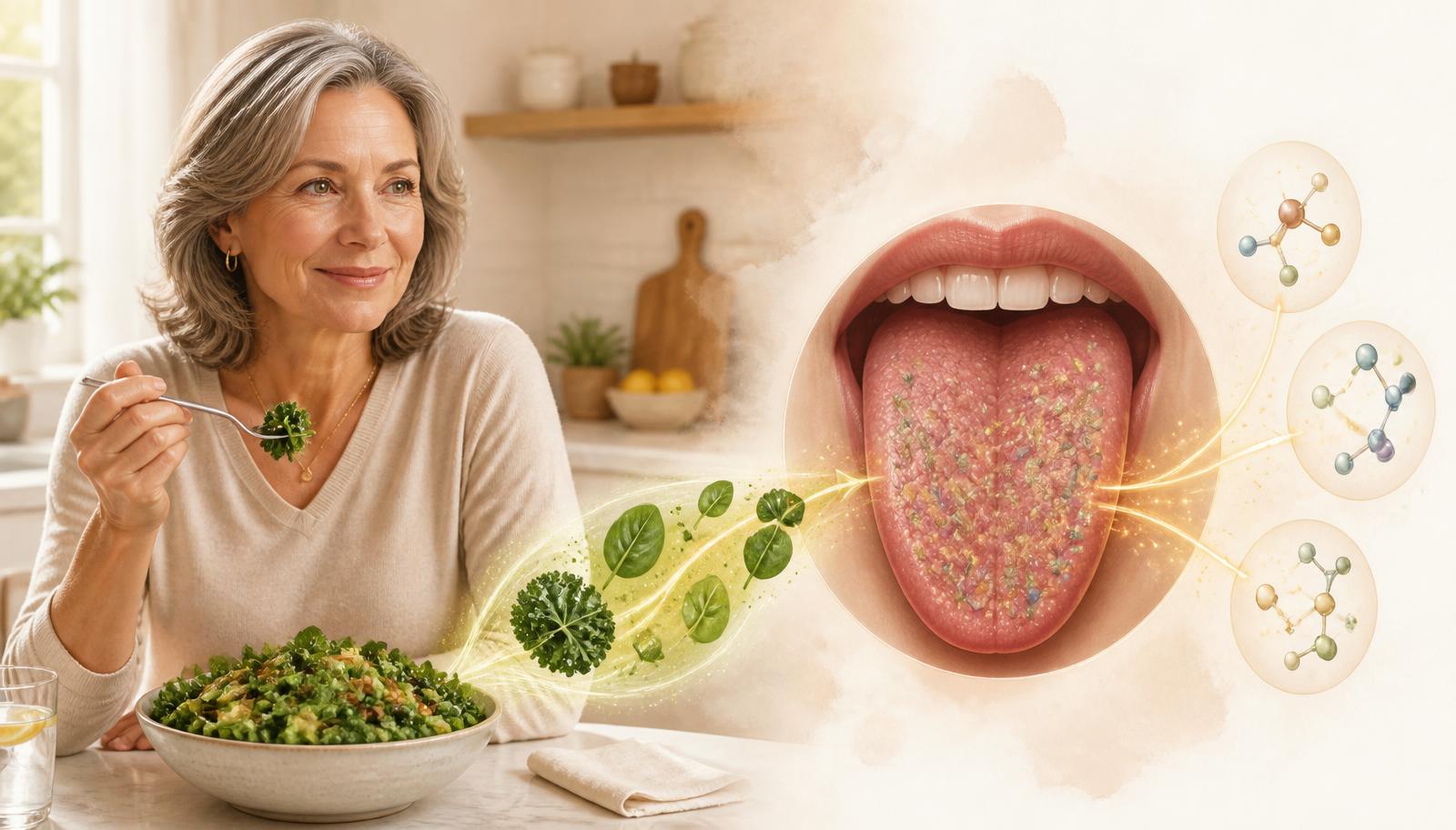 An adult eating a leafy green salad beside a stylised illustration of the tongue and its microbiome converting dietary nitrate toward nitric oxide