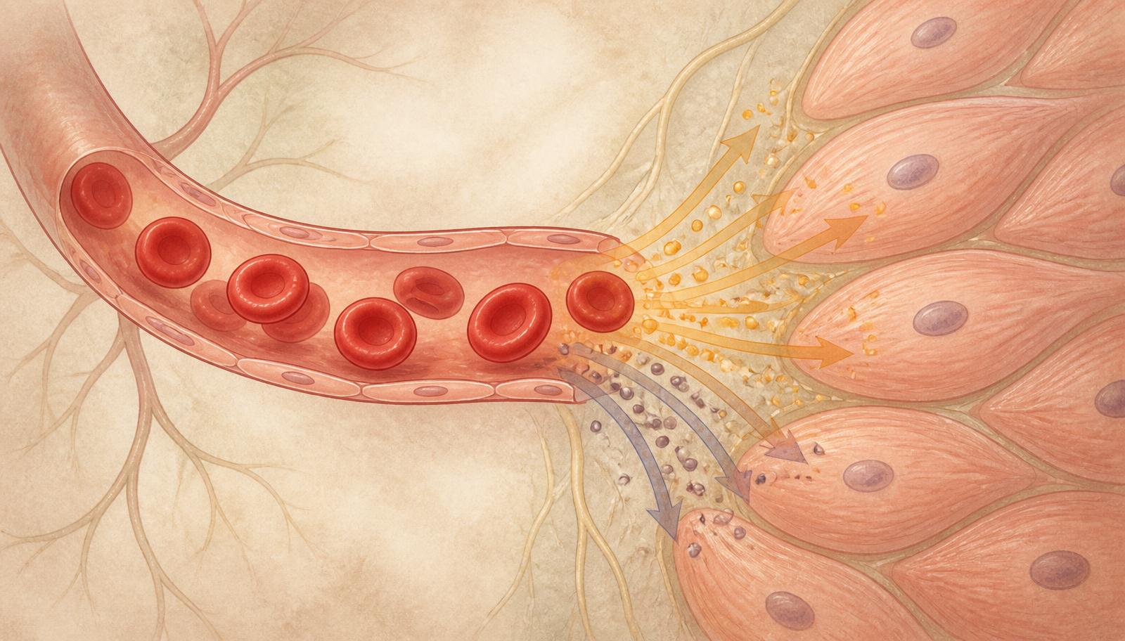 Illustration of oxygen-rich red blood cells moving through a capillary toward tissue cells with arrows showing nutrient delivery and waste removal