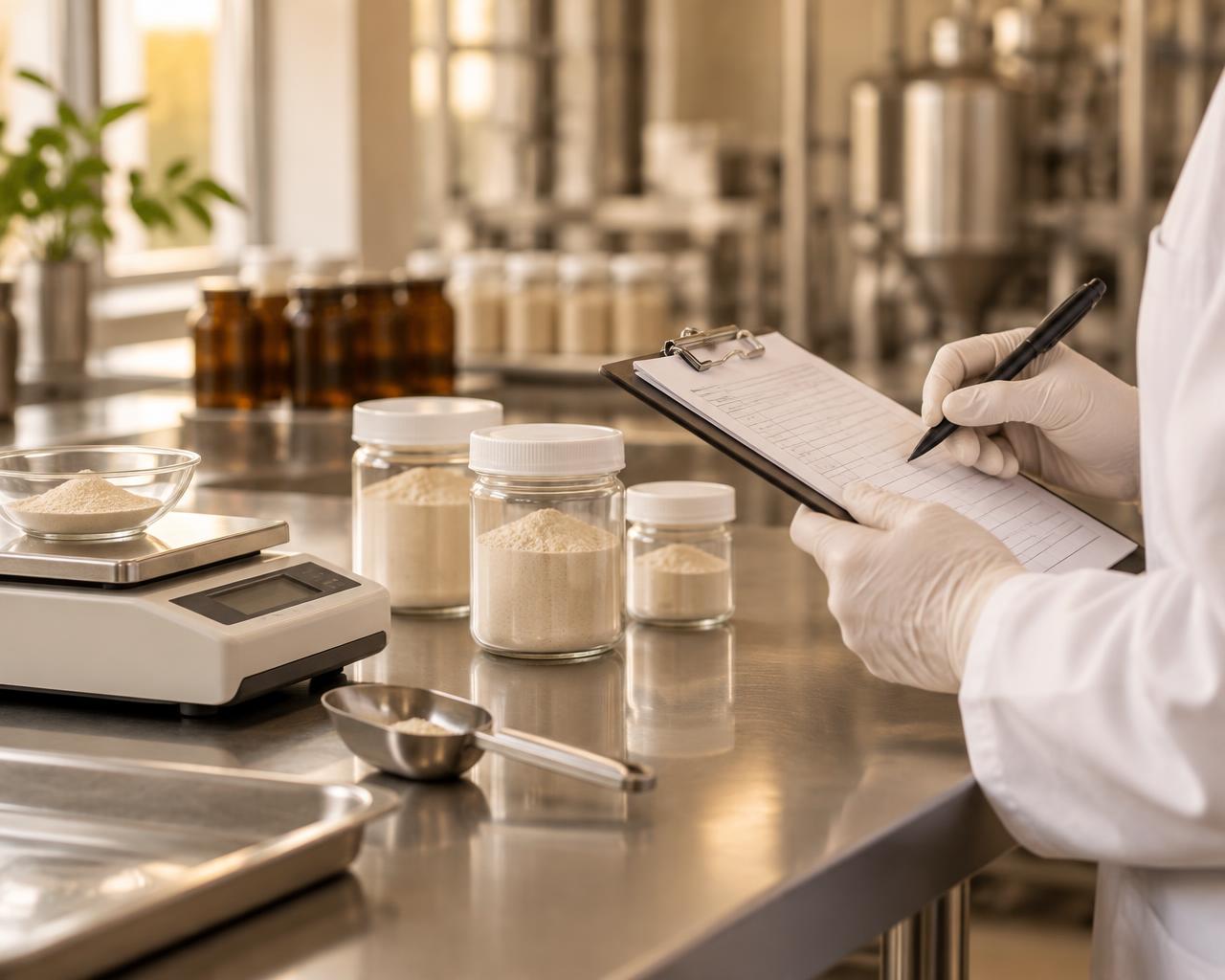 Quality control technician recording batch testing records in a GMP-certified US manufacturing facility