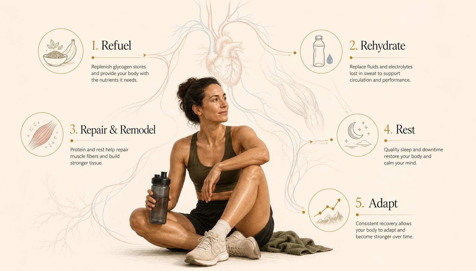Infographic of an adult resting after exercise surrounded by refuel, rehydrate, repair and remodel, rest and adapt, with circulation shown as the connecting background