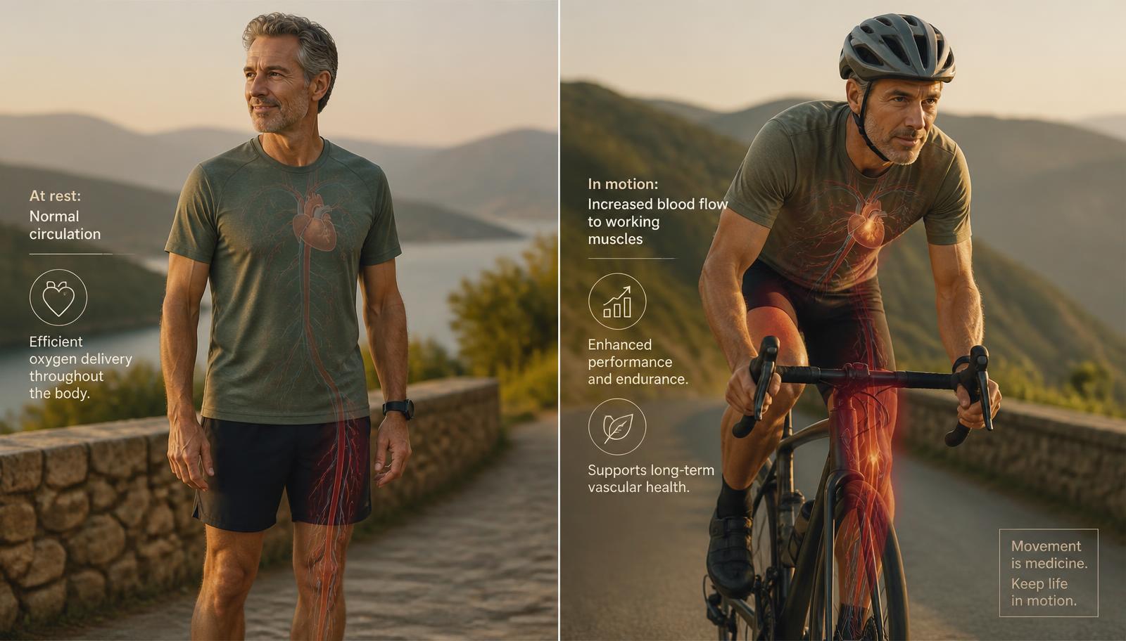 An adult at rest beside the same person cycling uphill, with vascular overlay showing increased blood flow to working muscles