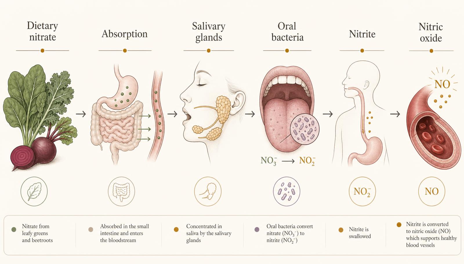 Circular infographic of the enterosalivary nitrate cycle from leafy greens through the bloodstream, salivary glands, tongue bacteria and back toward nitric oxide