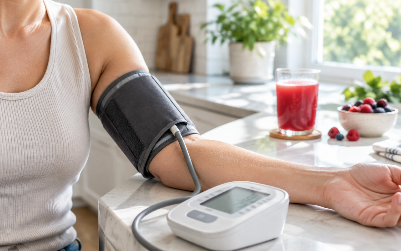 Taking a blood pressure reading at home with a glass of red berry ėNOS drink in the background