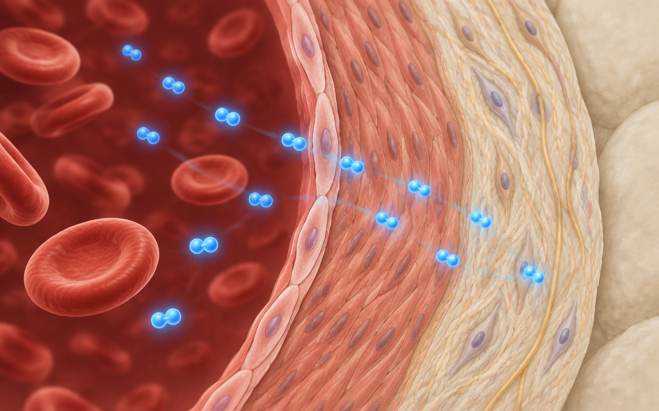 Nitric oxide molecules diffusing from the bloodstream into a blood vessel wall